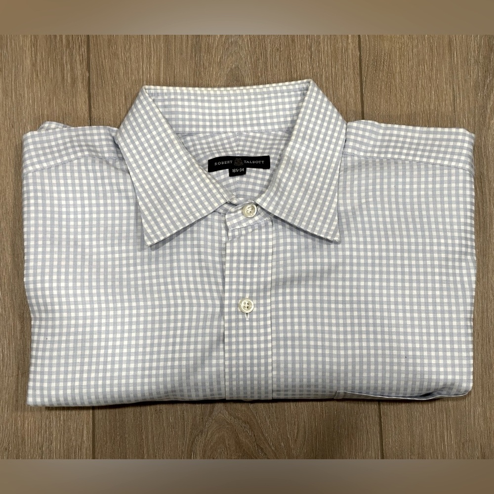 Robert Talbott Long Sleeve Blue & White Gingham Dress Shirt Size 16.5 - 34
